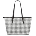 Grey And White Houndstooth Pattern Print Leather Tote Bag With Zipper