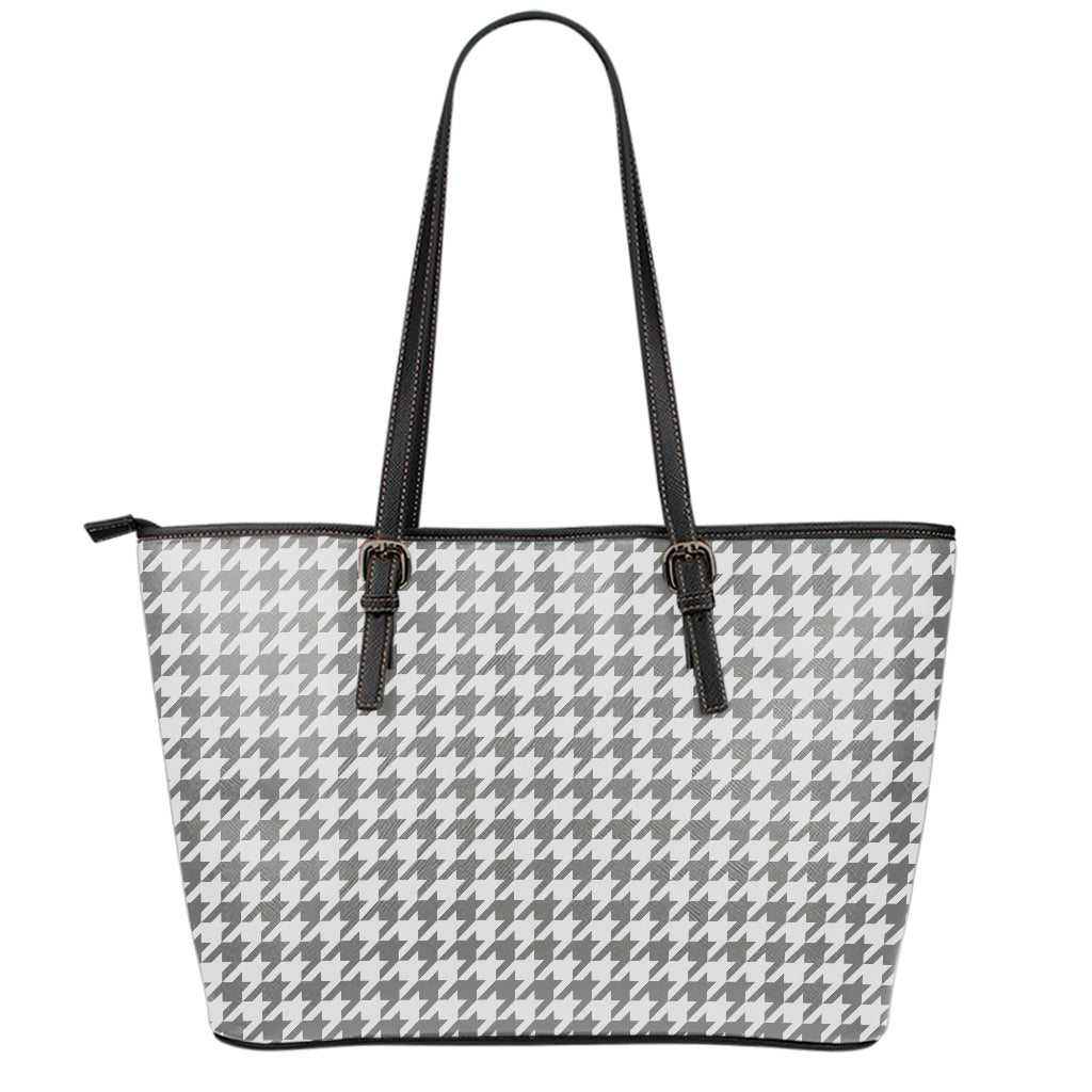 Grey And White Houndstooth Pattern Print Leather Tote Bag