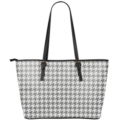 Grey And White Houndstooth Pattern Print Leather Tote Bag