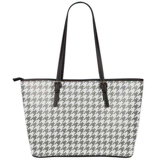 Grey And White Houndstooth Pattern Print Leather Tote Bag