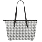 Grey And White Houndstooth Pattern Print Leather Tote Bag