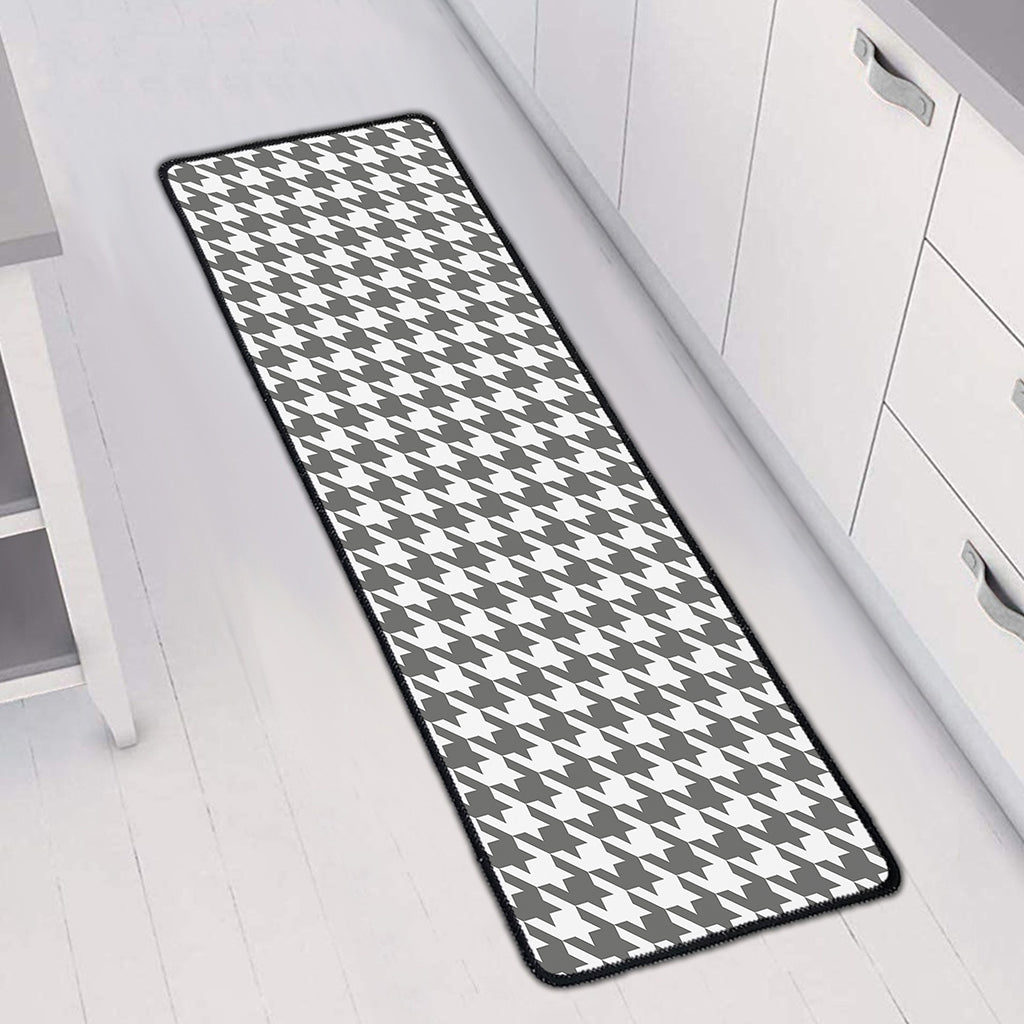 Grey And White Houndstooth Pattern Print Long Kitchen Mat