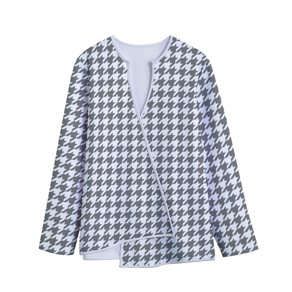 Grey And White Houndstooth Pattern Print Long Sleeve Short Coat