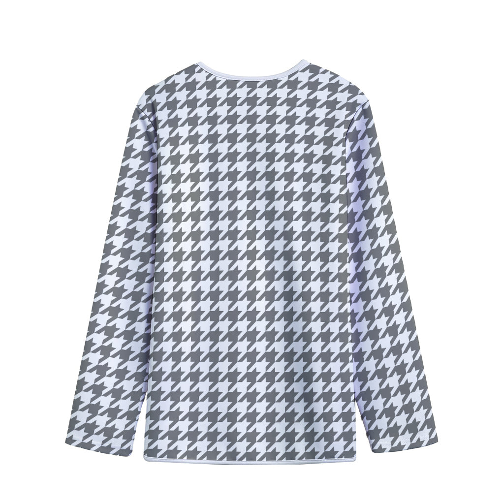 Grey And White Houndstooth Pattern Print Long Sleeve Short Coat