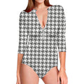 Grey And White Houndstooth Pattern Print Long Sleeve Swimsuit