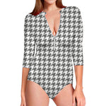 Grey And White Houndstooth Pattern Print Long Sleeve Swimsuit