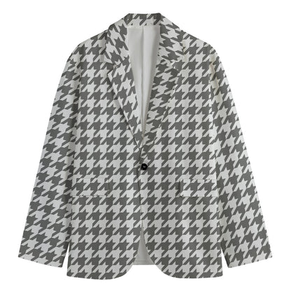 Grey And White Houndstooth Pattern Print Men's Blazer