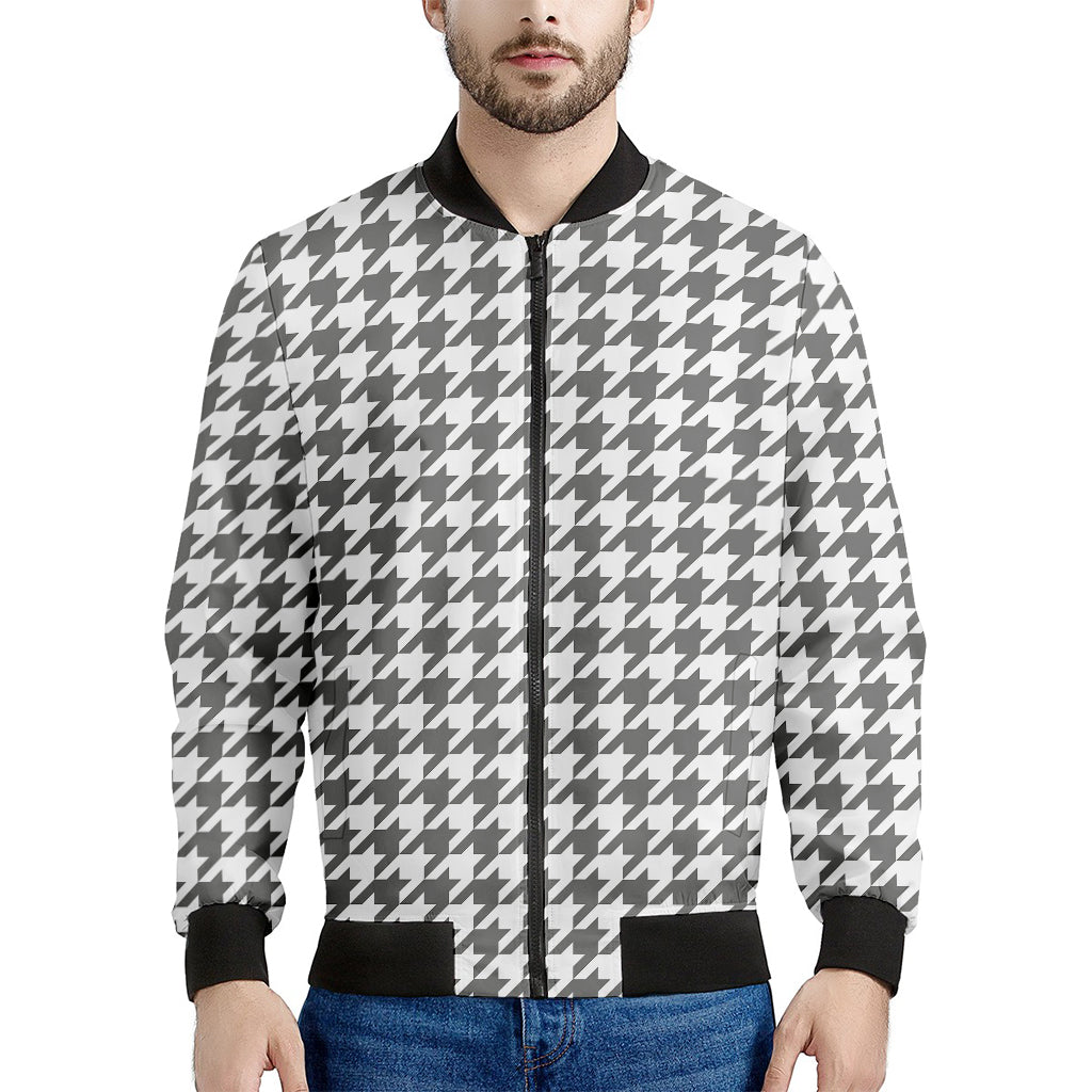 Grey And White Houndstooth Pattern Print Men's Bomber Jacket