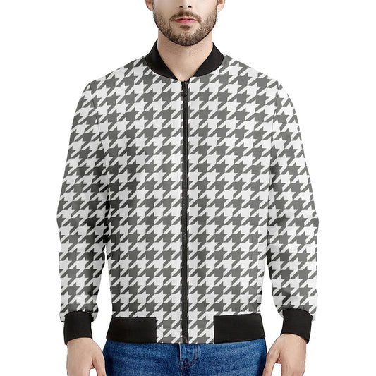 Grey And White Houndstooth Pattern Print Men's Bomber Jacket