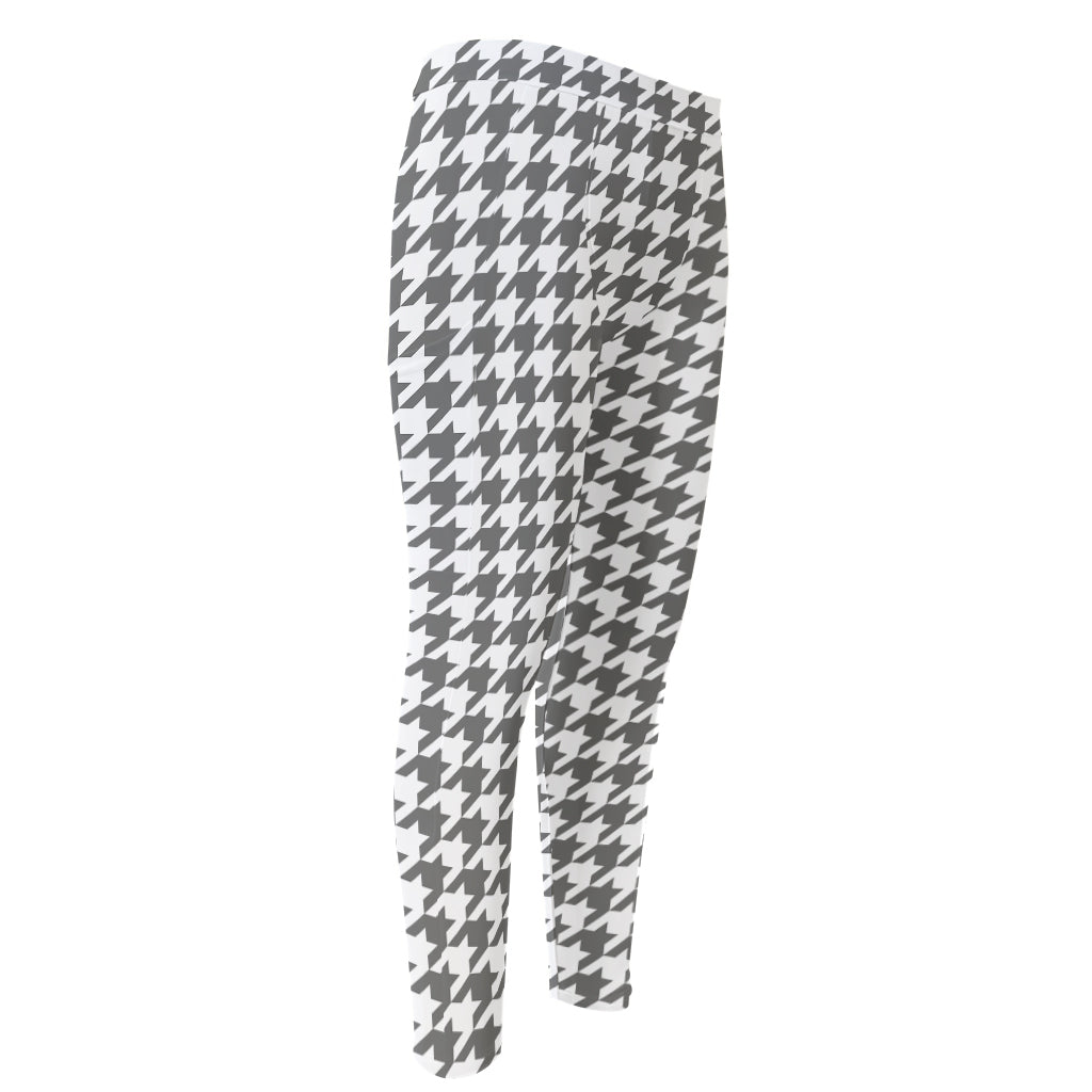 Grey And White Houndstooth Pattern Print Men's Compression Pants