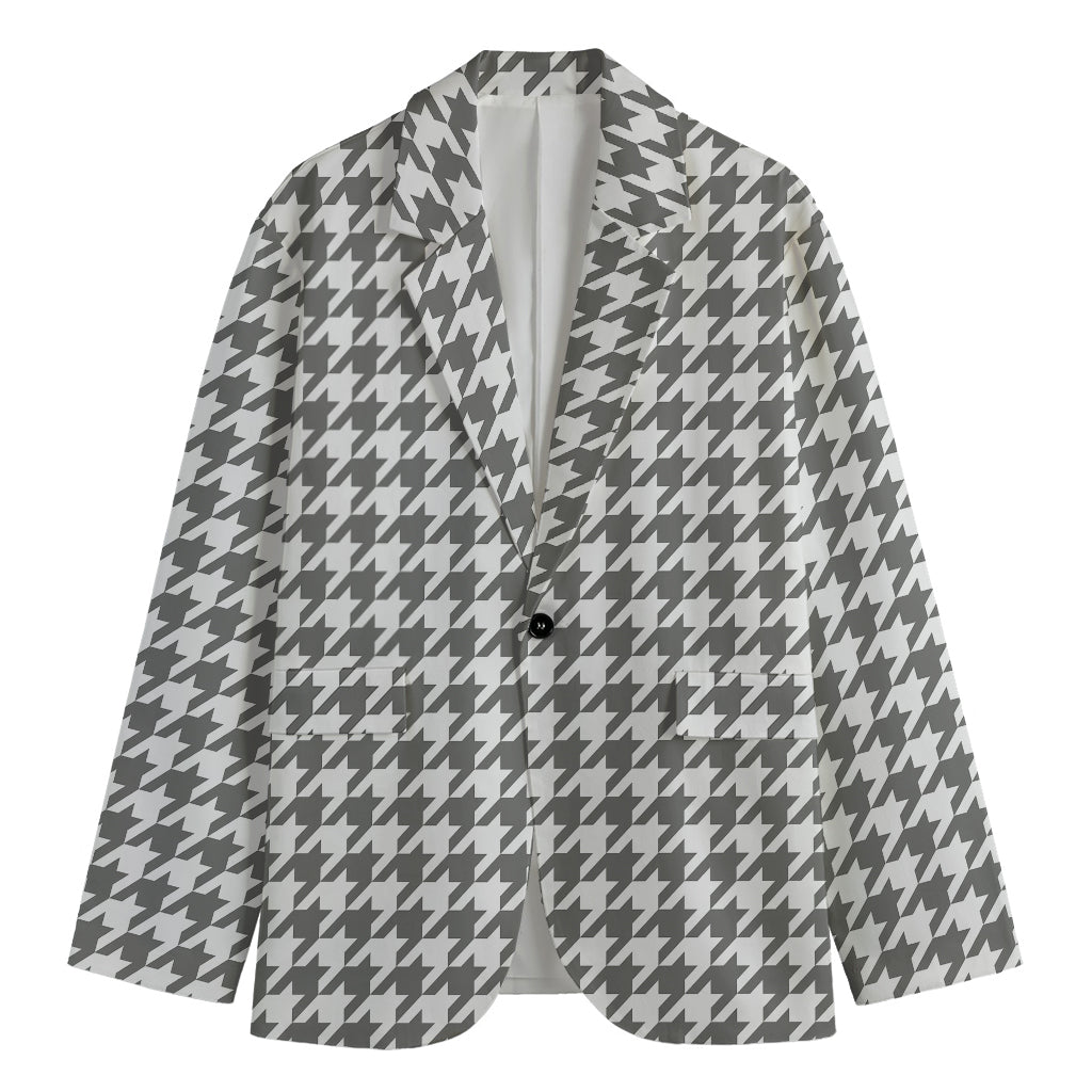 Grey And White Houndstooth Pattern Print Men's Cotton Blazer