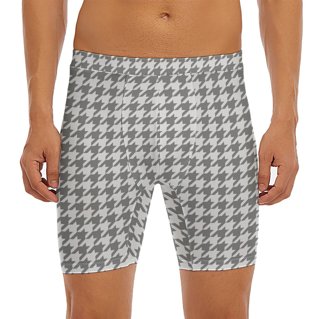 Grey And White Houndstooth Pattern Print Men's Long Boxer Briefs