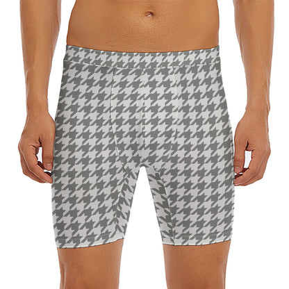 Grey And White Houndstooth Pattern Print Men's Long Boxer Briefs