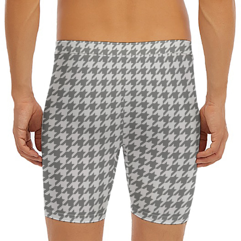 Grey And White Houndstooth Pattern Print Men's Long Boxer Briefs