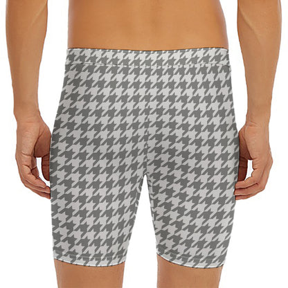 Grey And White Houndstooth Pattern Print Men's Long Boxer Briefs