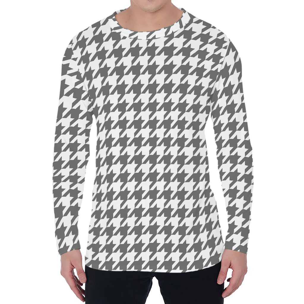 Grey And White Houndstooth Pattern Print Men's Long Sleeve T-Shirt