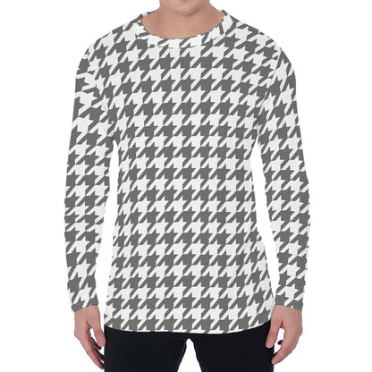 Grey And White Houndstooth Pattern Print Men's Long Sleeve T-Shirt
