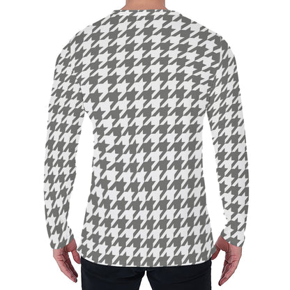 Grey And White Houndstooth Pattern Print Men's Long Sleeve T-Shirt
