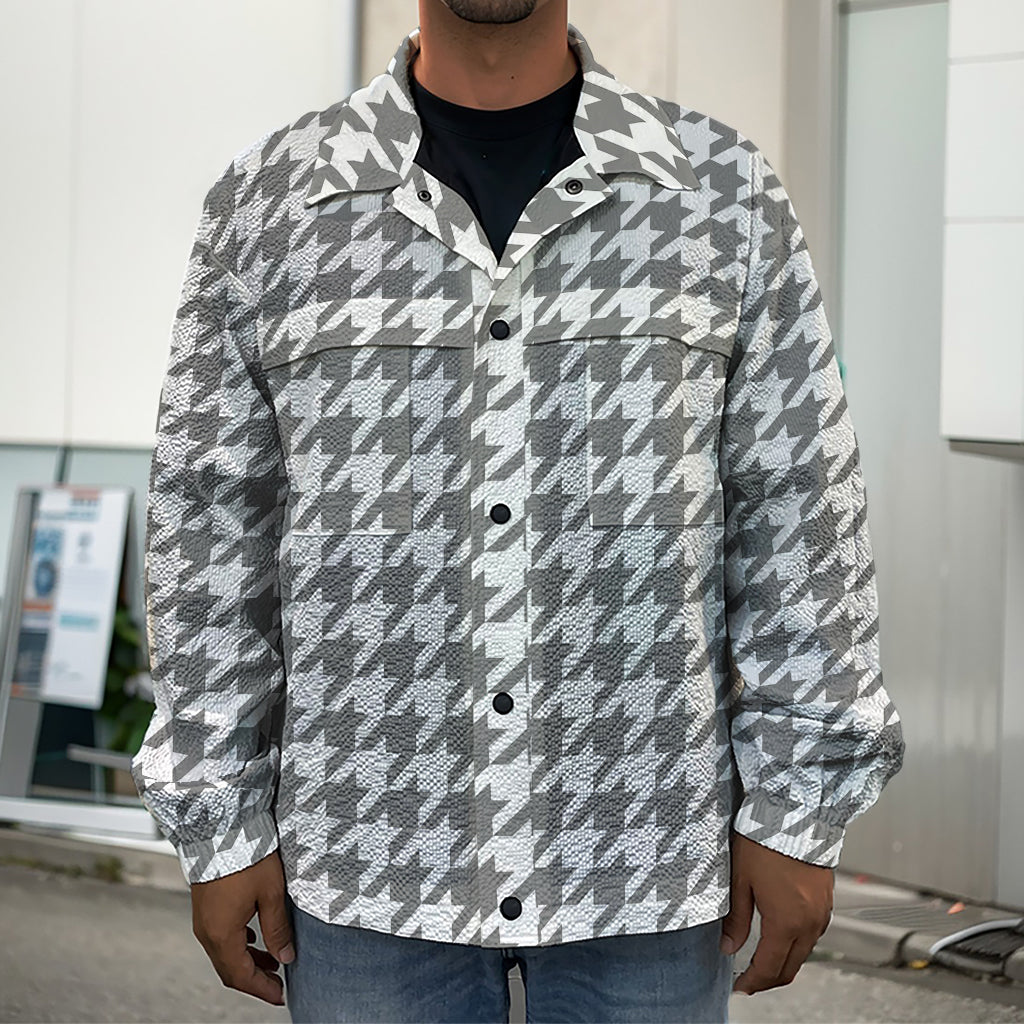 Grey And White Houndstooth Pattern Print Men's Shirt Jacket