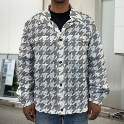 Grey And White Houndstooth Pattern Print Men's Shirt Jacket