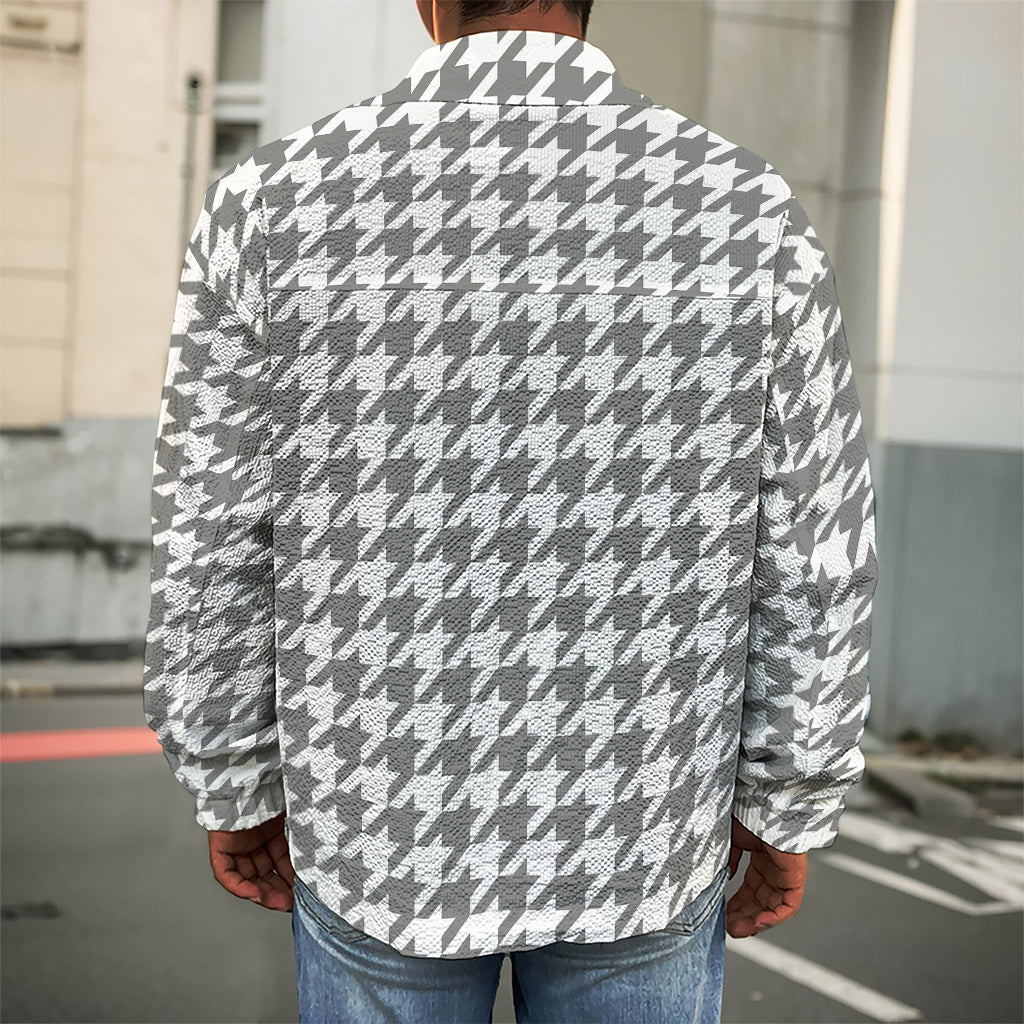 Grey And White Houndstooth Pattern Print Men's Shirt Jacket