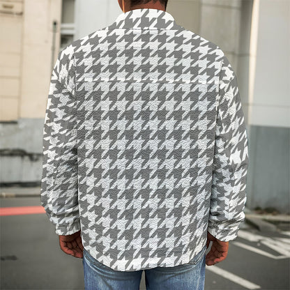 Grey And White Houndstooth Pattern Print Men's Shirt Jacket