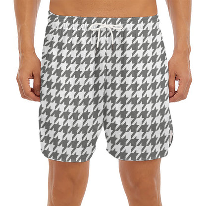 Grey And White Houndstooth Pattern Print Men's Split Running Shorts