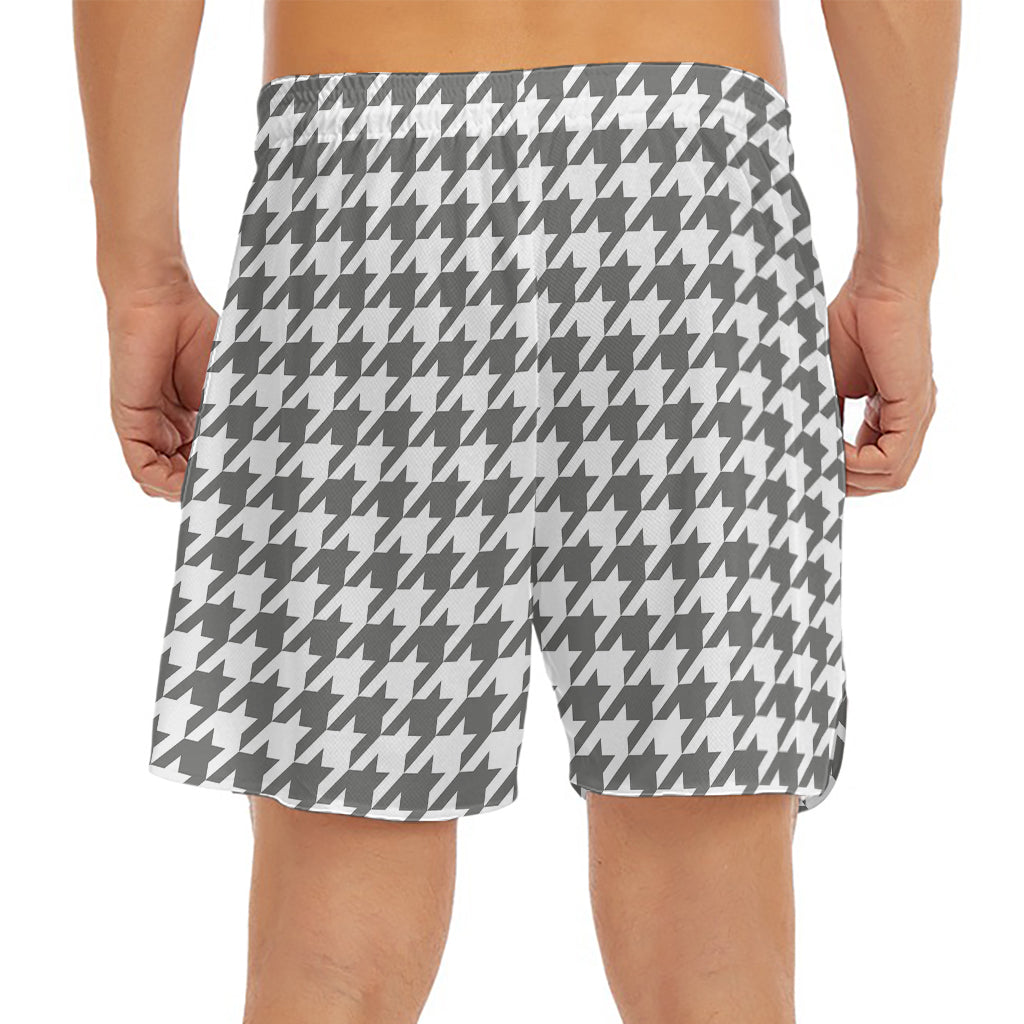 Grey And White Houndstooth Pattern Print Men's Split Running Shorts
