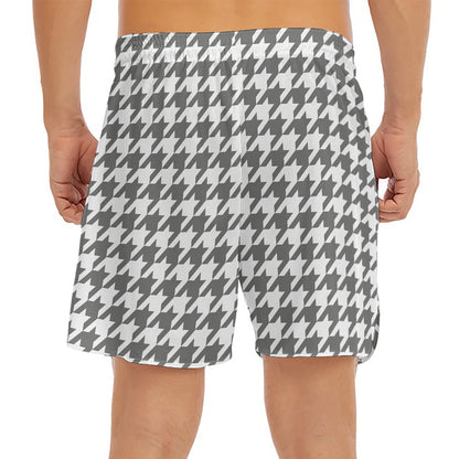 Grey And White Houndstooth Pattern Print Men's Split Running Shorts
