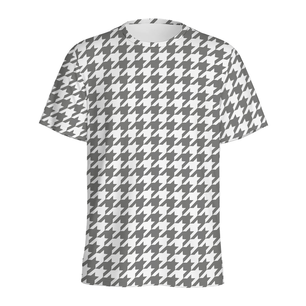 Grey And White Houndstooth Pattern Print Men's Sports T-Shirt