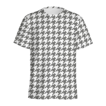 Grey And White Houndstooth Pattern Print Men's Sports T-Shirt