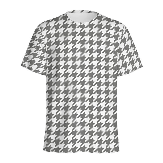 Grey And White Houndstooth Pattern Print Men's Sports T-Shirt