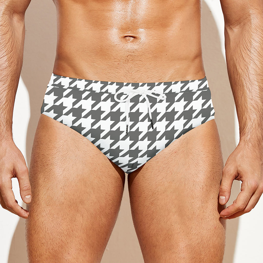 Grey And White Houndstooth Pattern Print Men's Swim Briefs