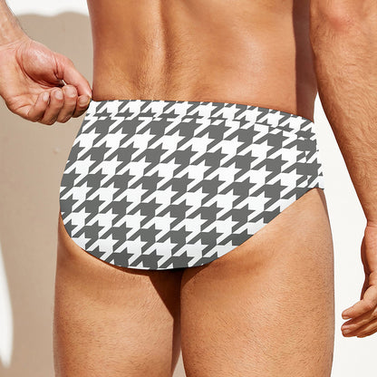 Grey And White Houndstooth Pattern Print Men's Swim Briefs