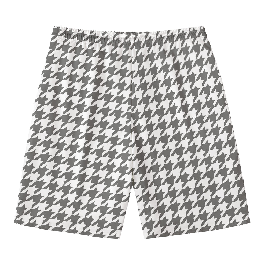 Grey And White Houndstooth Pattern Print Men's Swim Trunks