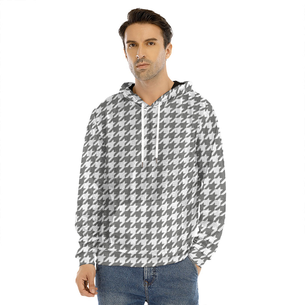 Grey And White Houndstooth Pattern Print Men's Velvet Pullover Hoodie