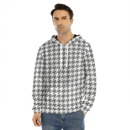 Grey And White Houndstooth Pattern Print Men's Velvet Pullover Hoodie