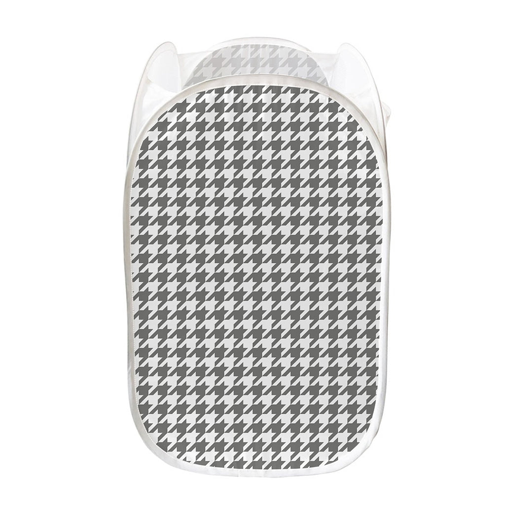 Grey And White Houndstooth Pattern Print Mesh Laundry Hamper
