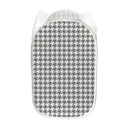 Grey And White Houndstooth Pattern Print Mesh Laundry Hamper
