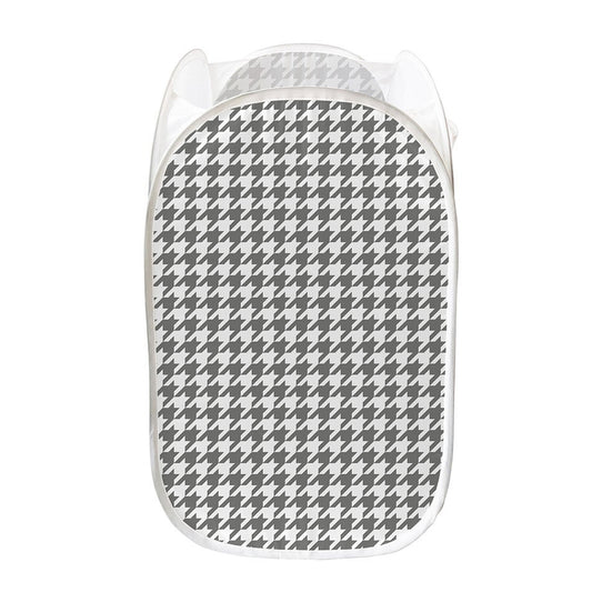 Grey And White Houndstooth Pattern Print Mesh Laundry Hamper