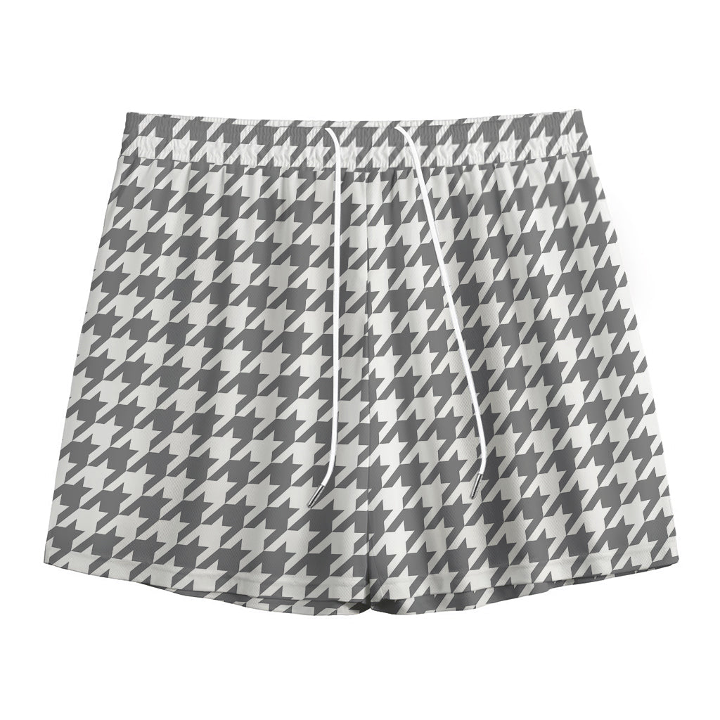 Grey And White Houndstooth Pattern Print Mesh Shorts