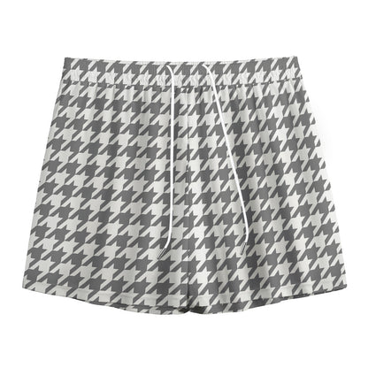 Grey And White Houndstooth Pattern Print Mesh Shorts