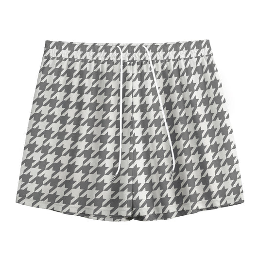 Grey And White Houndstooth Pattern Print Mesh Shorts
