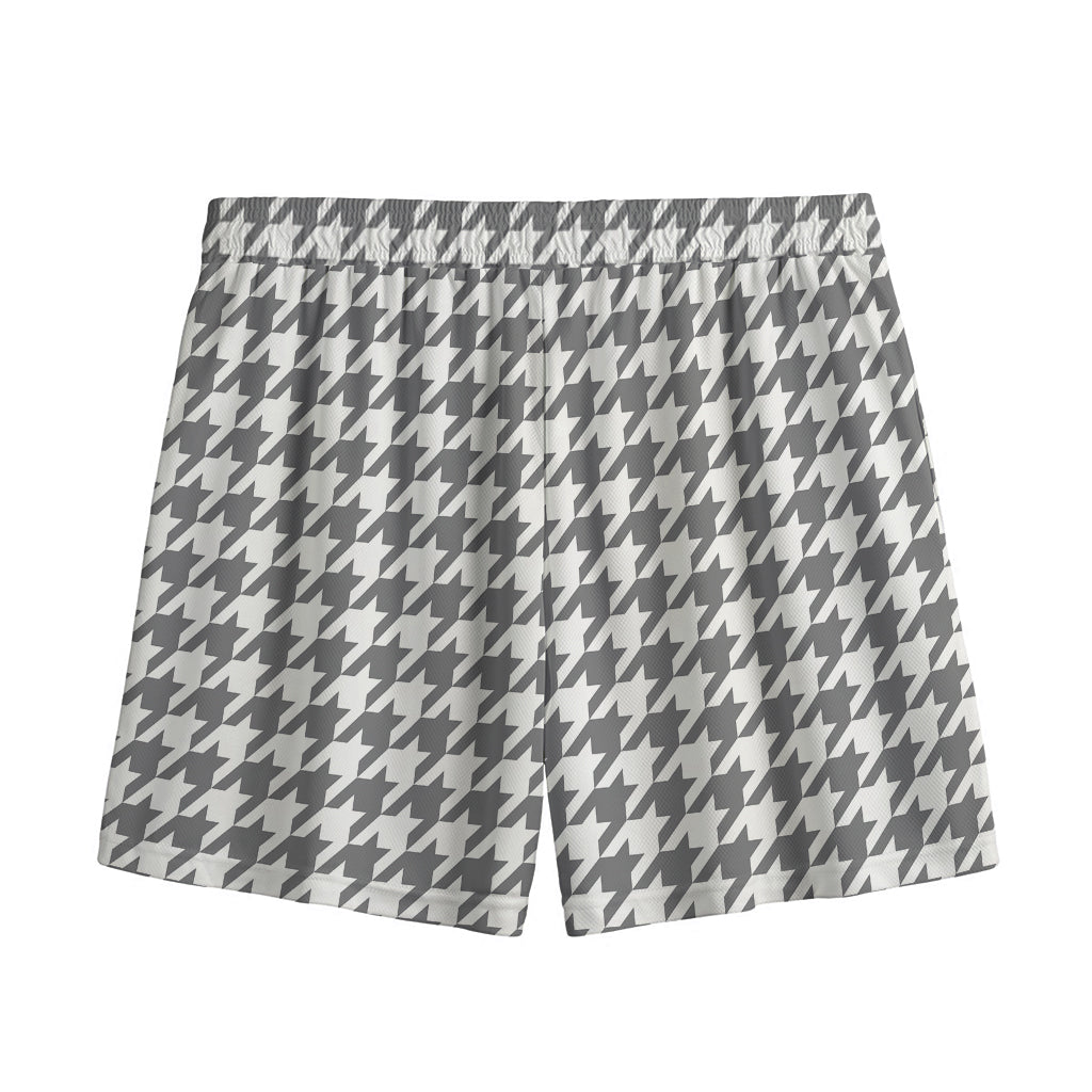 Grey And White Houndstooth Pattern Print Mesh Shorts