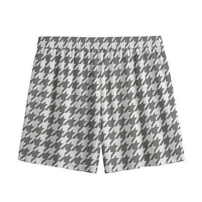 Grey And White Houndstooth Pattern Print Mesh Shorts
