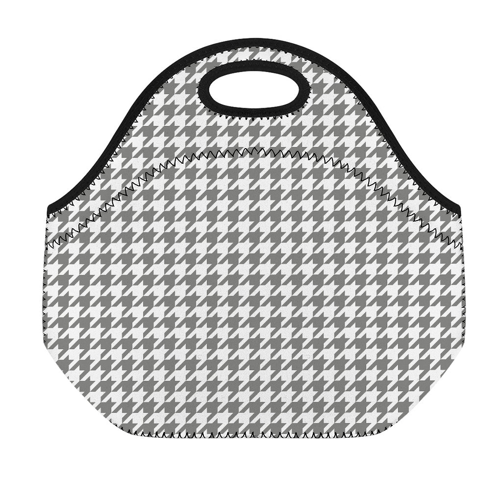 Grey And White Houndstooth Pattern Print Neoprene Lunch Bag