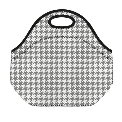 Grey And White Houndstooth Pattern Print Neoprene Lunch Bag