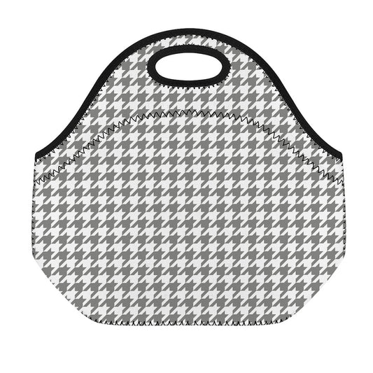 Grey And White Houndstooth Pattern Print Neoprene Lunch Bag