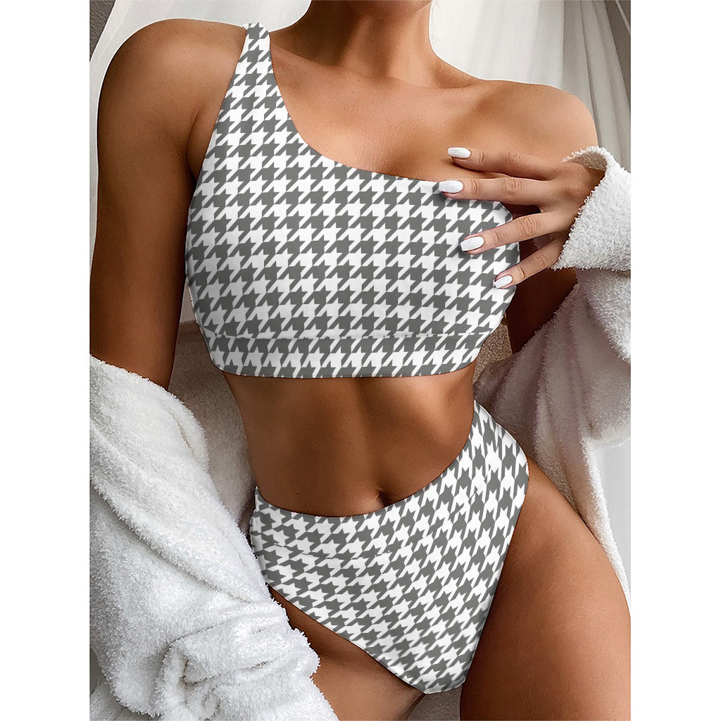 Grey And White Houndstooth Pattern Print One Shoulder Bikini Top