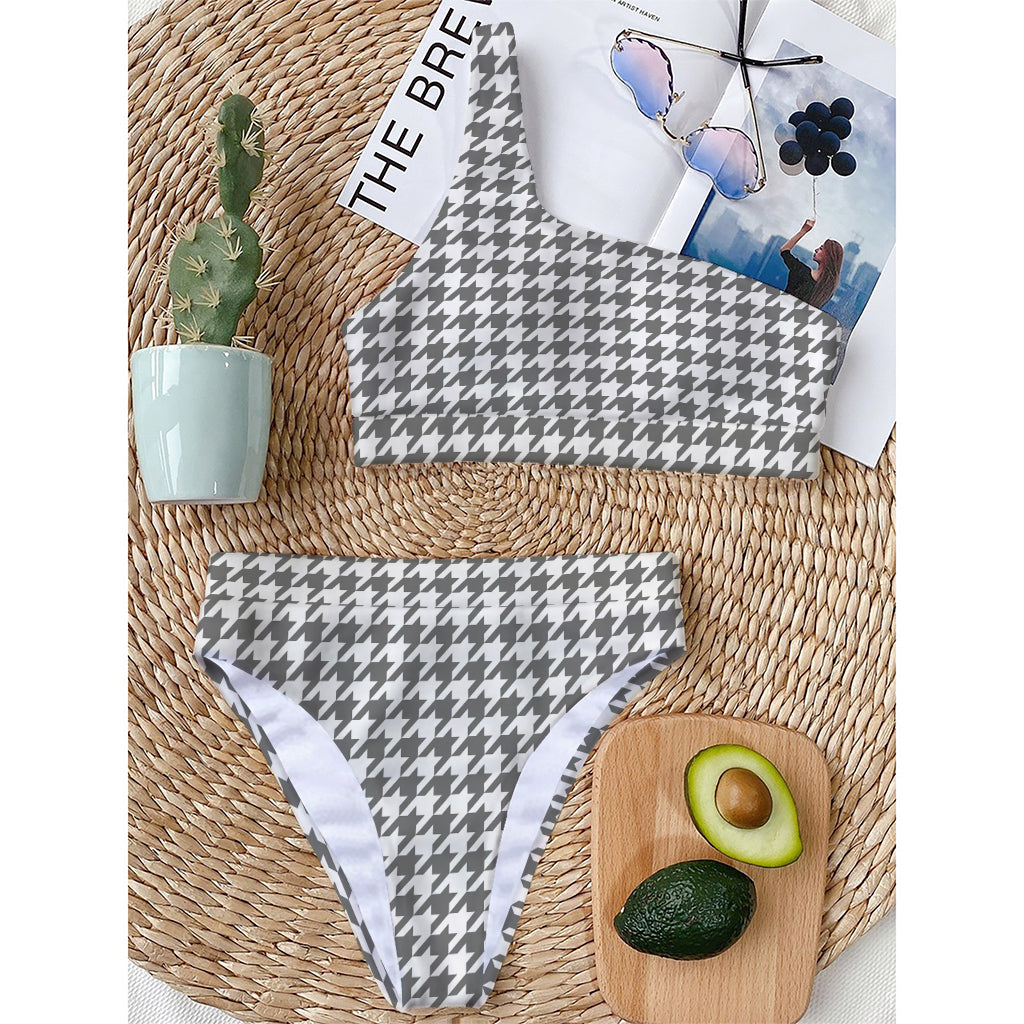 Grey And White Houndstooth Pattern Print One Shoulder Bikini Top